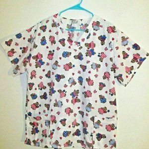 D & S Scrub Top XL Unisex Hearts and Bears Valentine V Neck Short Sleeve